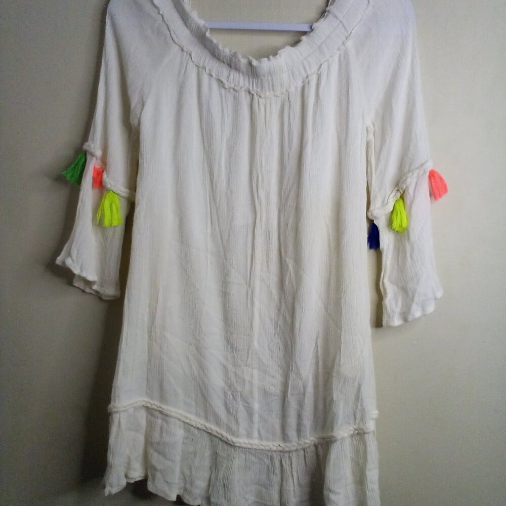 True Destiny Dress Women M Short Boho Feminine Colorful Tassels Cream - Picture 11 of 16